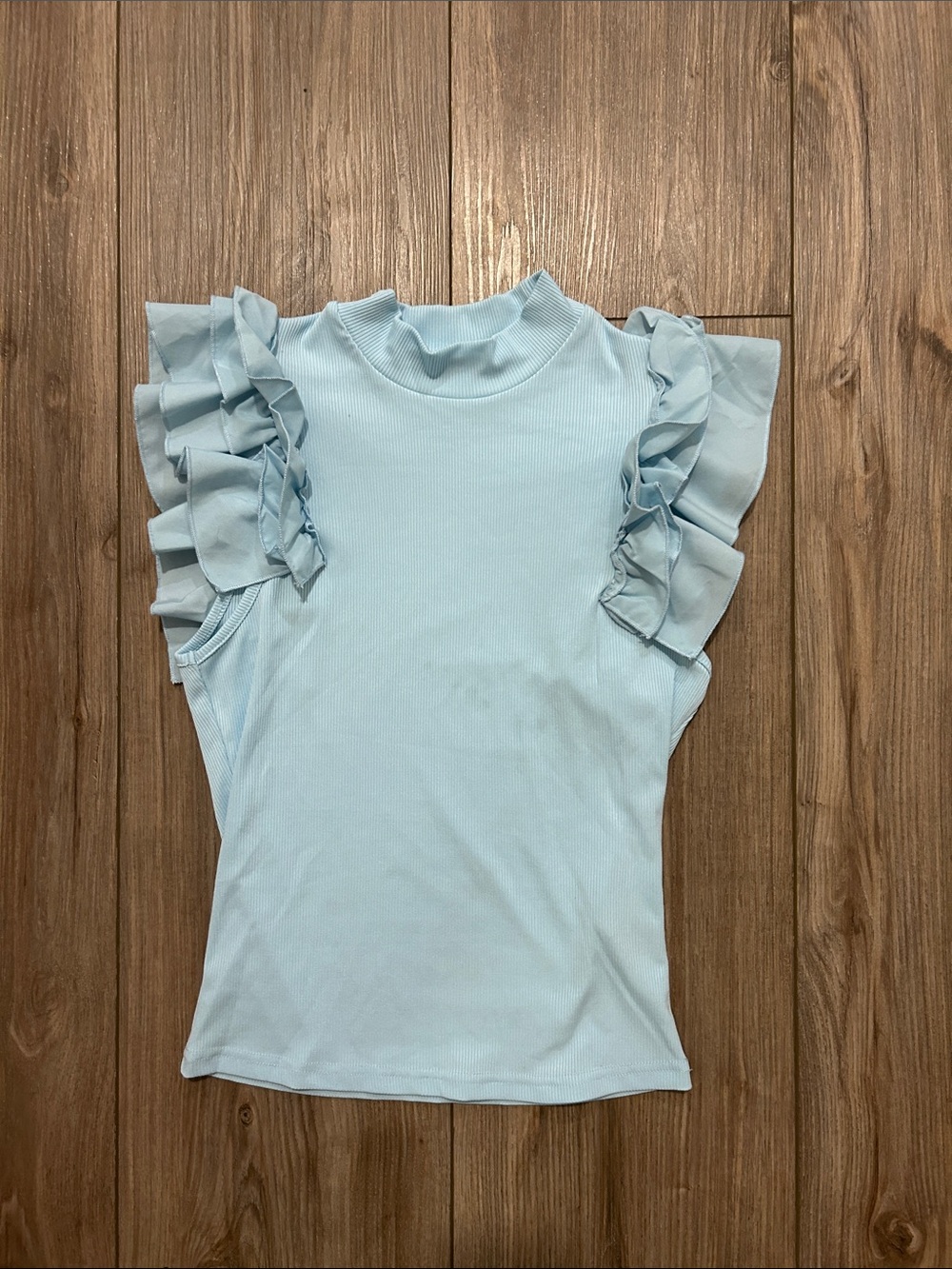 SHEIN Light Blue Mock Neck Ruffle Sleeve Tee Top